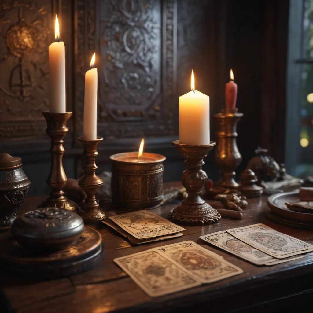 Red candle in a tranquil tarot reading setting
