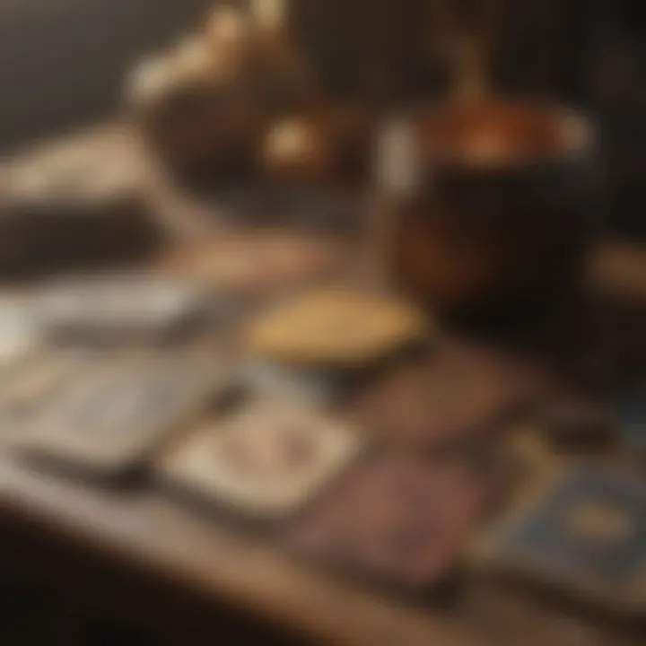 An array of different spiritual cards displayed on a wooden table