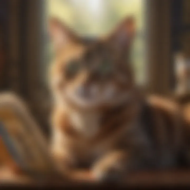 A close-up of tarot cards with feline motifs and vibrant colors