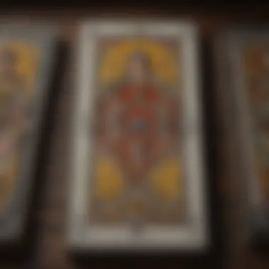 Close-up of an open tarot deck with colorful illustrations