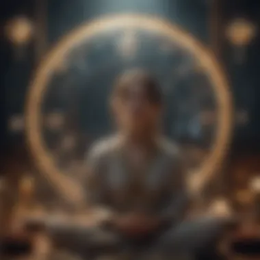 A person meditating surrounded by ethereal symbols representing dreams