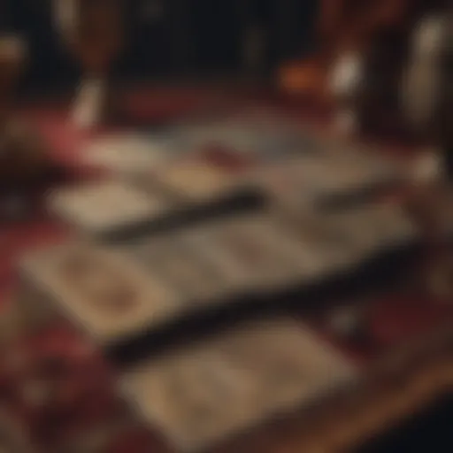 An ornate tarot deck spread out on a velvet cloth, showcasing diverse cards.