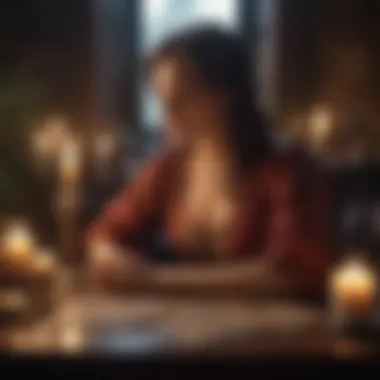 Contemplative Tarot Reading A serene setting with candles and a tarot reader contemplating the cards.
