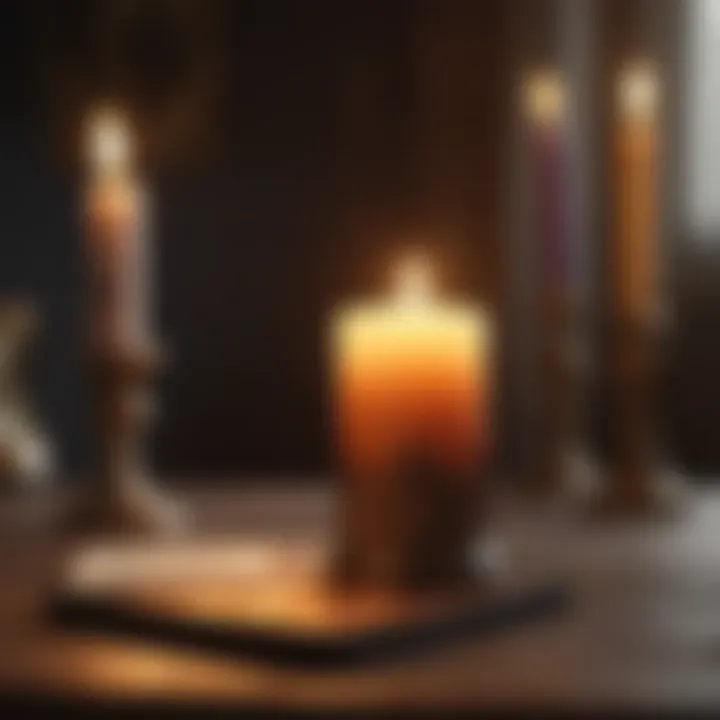 A close-up of a candle's flame illuminating tarot cards