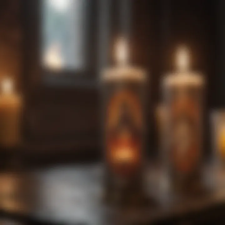 A selection of candles with spiritual symbols and elements