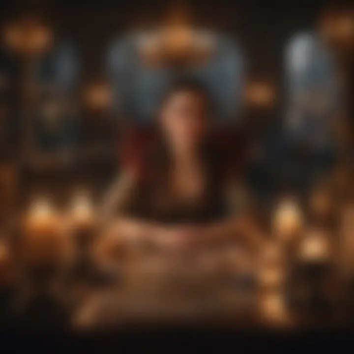 An enchanting tarot reader surrounded by candles and crystals, creating an inviting atmosphere