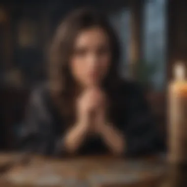 The Reflective Moment An individual contemplating the tarot card spread with a thoughtful expression.