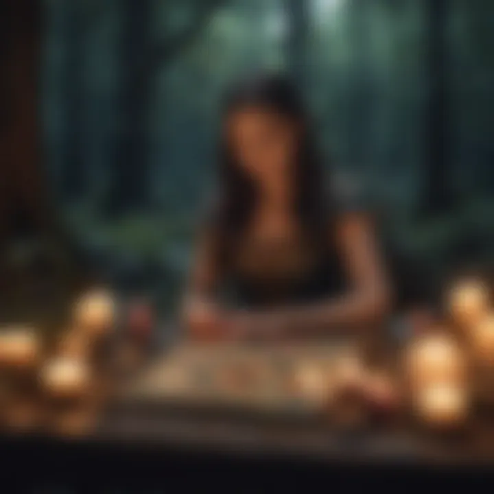 A mystical forest setting with tarot cards and candles