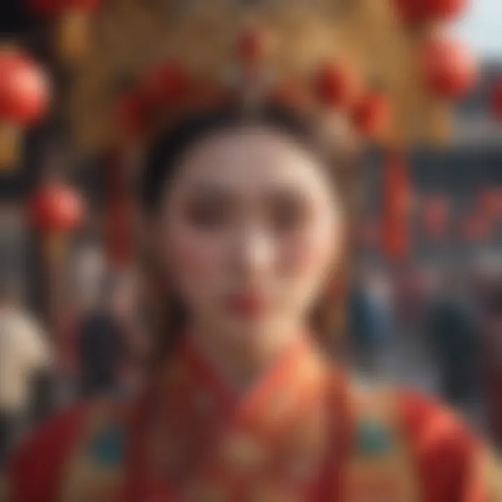 A vibrant celebration scene of a traditional Chinese festival, showcasing cultural attire and decorations.