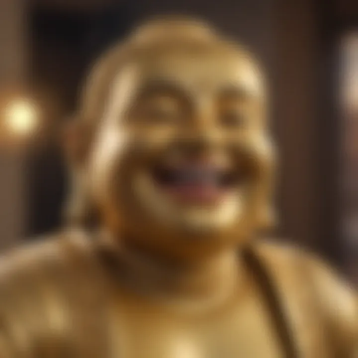 Close-up of a golden laughing Buddha statue symbolizing prosperity and good fortune