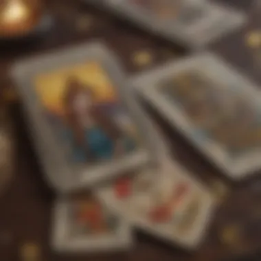 A close-up view of tarot cards focusing on relationship themes