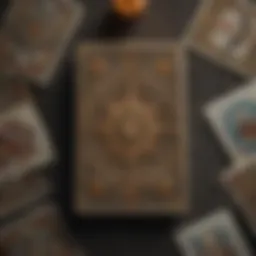 A close-up view of tarot cards spread out on a table, showcasing intricate designs and symbols.