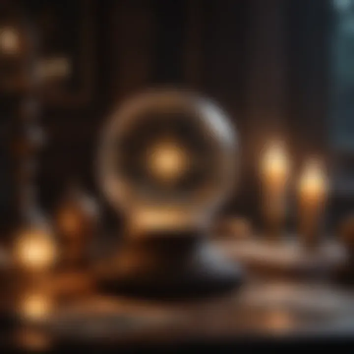 An atmospheric setting with a lit candle, crystal ball, and tarot cards, creating a mystical ambiance.