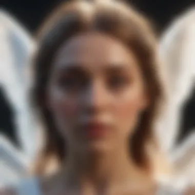 A close-up view of an angelic figure surrounded by light