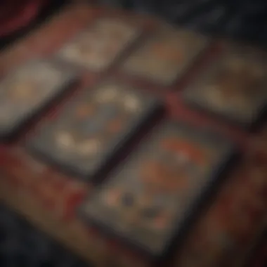 A close-up of tarot cards spread on a velvet cloth, illustrating their intricate designs.