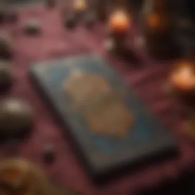 A mystical tarot card spread laid out on a velvet cloth