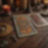 A vintage tarot deck laid out on a wooden table