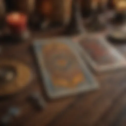 A vintage tarot deck laid out on a wooden table