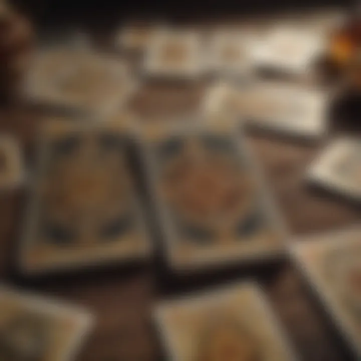 A close-up of tarot cards laid out in a traditional spread.