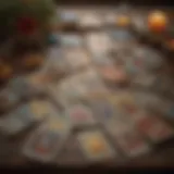 A tarot card spread laid out on a table, showcasing various cards.
