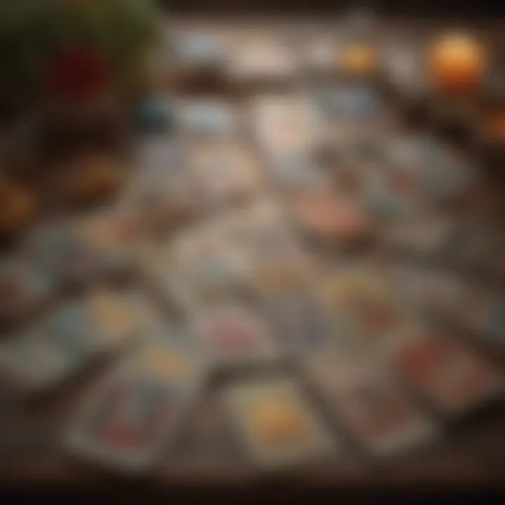 A tarot card spread laid out on a table, showcasing various cards.