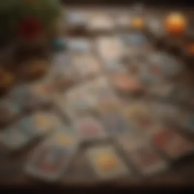 Tarot Card Layout for Breakup Insights A tarot card spread laid out on a table, showcasing various cards.