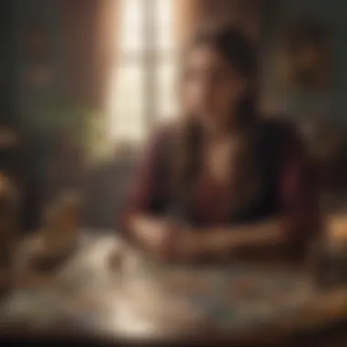 Reflection in a Serene Setting An individual reflecting on tarot cards in a serene environment