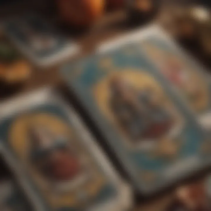 A close-up of tarot cards laid out, emphasizing the symbolic illustrations.