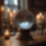 A vintage crystal ball on a wooden table surrounded by candles