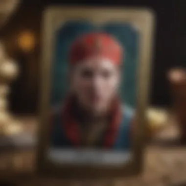 The Fool Tarot Card Symbolism A close-up of a tarot card depicting the symbol of The Fool, suggesting potential and beginnings