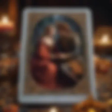 Close-up of a tarot card depicting the Lovers card