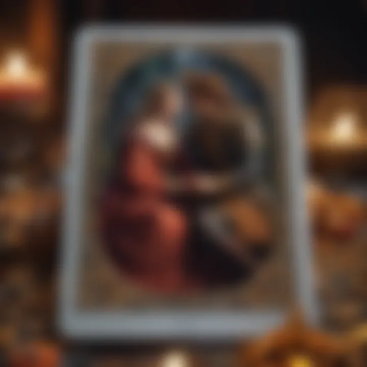 Close-up of a tarot card depicting the Lovers card