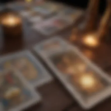 Close-up of tarot cards spread on a table