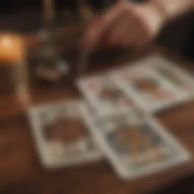 Interpreting Tarot Cards An individual deeply focused on interpreting tarot cards, with a notebook and pen for notes.
