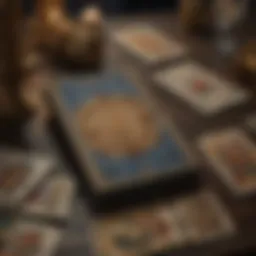 An intricate depiction of tarot cards laid out on a table, showcasing various card designs and symbols.