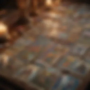 A close-up of tarot cards laid out in a spread