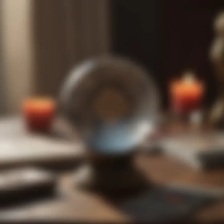 A crystal ball with tarot cards in the background