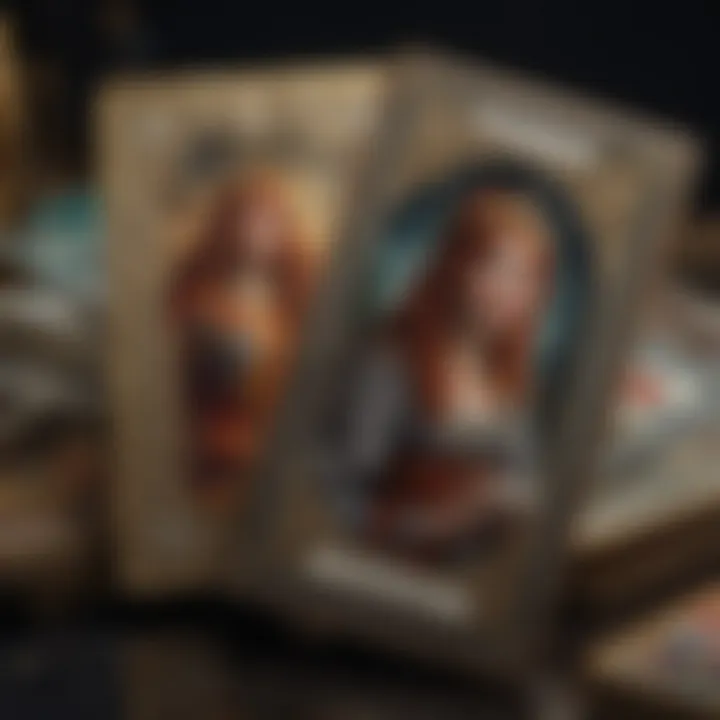 A close-up view of tarot cards with intricate illustrations reflecting various themes.