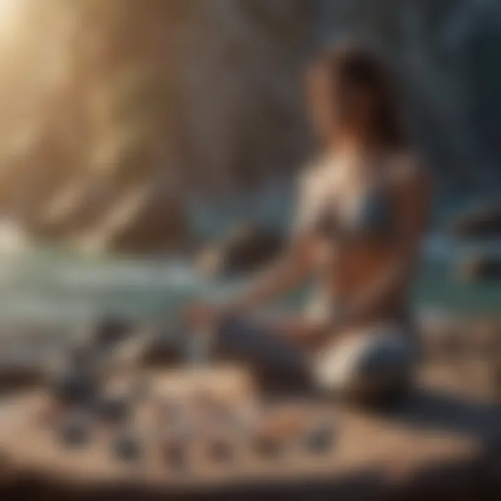 A serene setting featuring a person meditating with zodiac stones