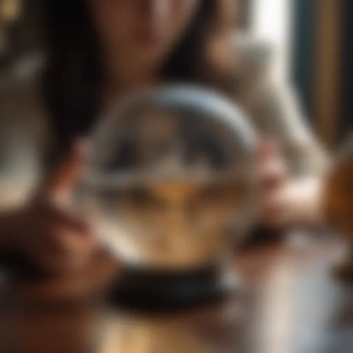 An individual contemplating tarot card interpretations with a crystal ball nearby