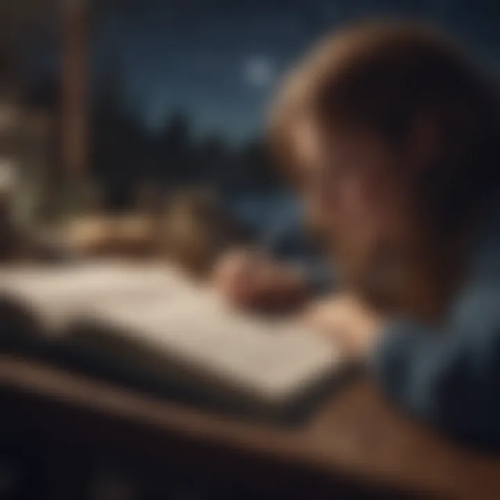 A person writing in a journal under a starry sky