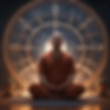 A person meditating with astrological symbols in the background.