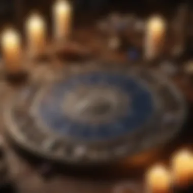 Astrological chart surrounded by candles and crystals