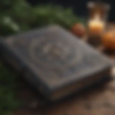 Ancient Spell Grimoire An open grimoire with ancient spell inscriptions and botanical illustrations.