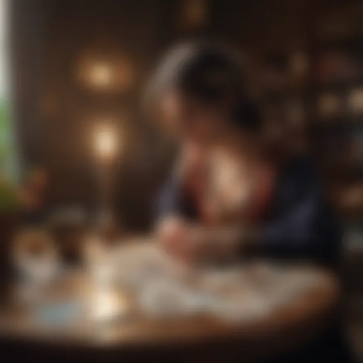 An individual reflecting on tarot cards in a serene environment