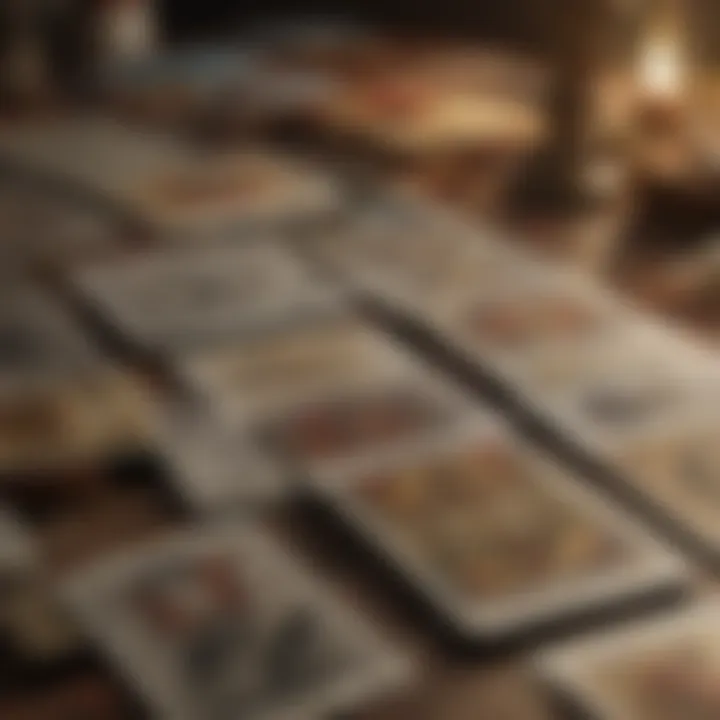 Close-up of tarot cards laid out in a spread