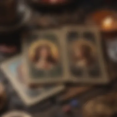 Close-up of tarot cards featuring imagery of love and connection.