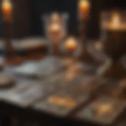 A beautifully illustrated tarot deck spread out on a table with mystical symbols.