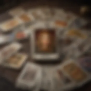 Diverse Tarot Card Spread A detailed tarot card spread laid out on a textured surface, showcasing various cards with distinct illustrations.