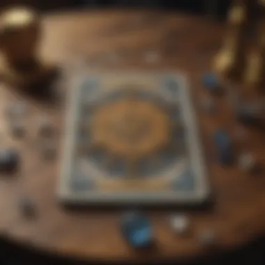 Intricate tarot card spread on a wooden table with crystals